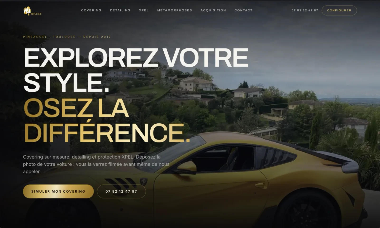 Haut de page du site RL Luxury Wrap : une Ferrari jaune photographiée sur les hauteurs toulousaines, et le titre « Explorez votre style. Osez la différence. » dont la seconde phrase est traitée en doré.