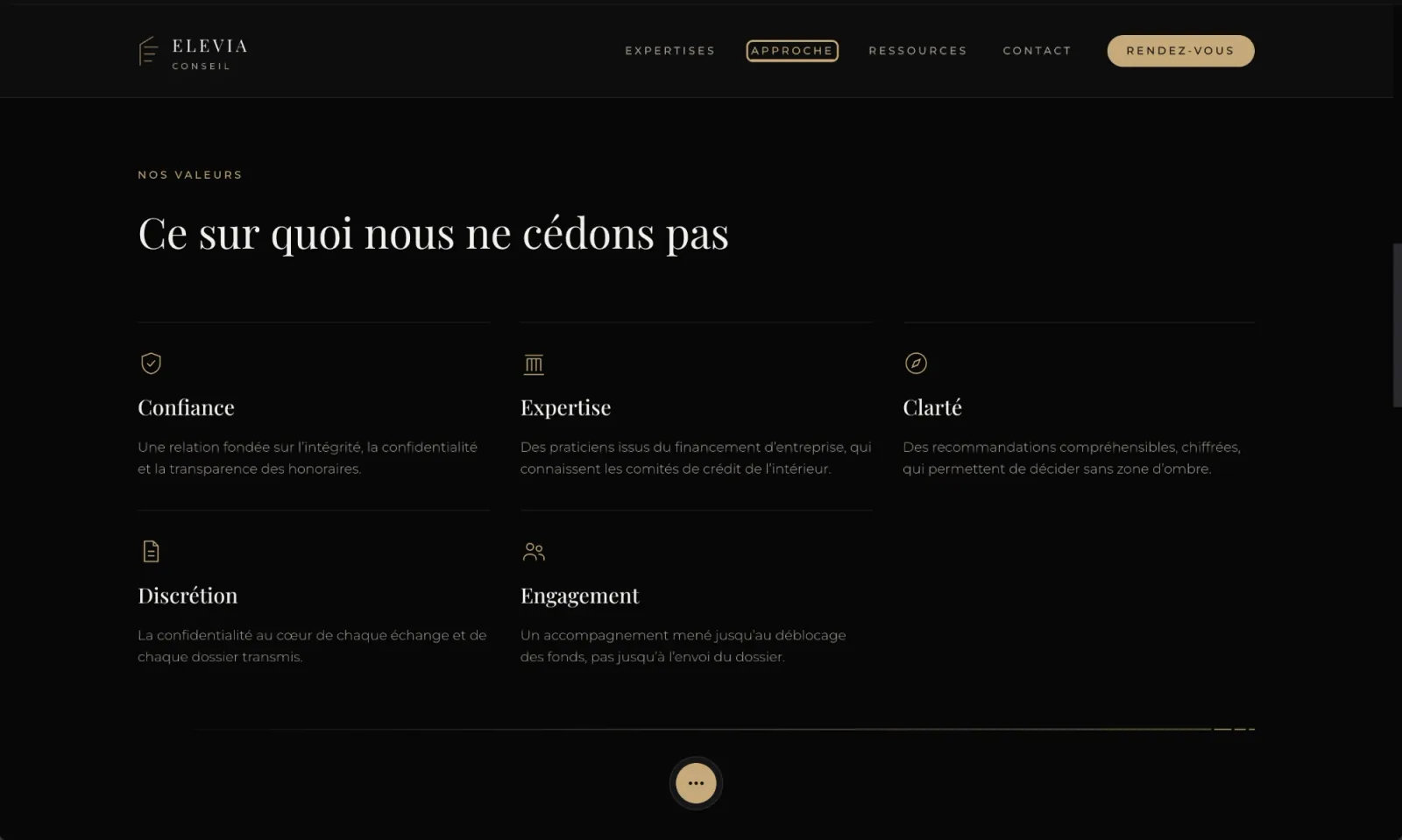 Section « Nos valeurs » du site Elevia Conseil : « Ce sur quoi nous ne cédons pas », cinq engagements (confiance, expertise, clarté, discrétion, engagement), chacun sous son pictogramme doré.