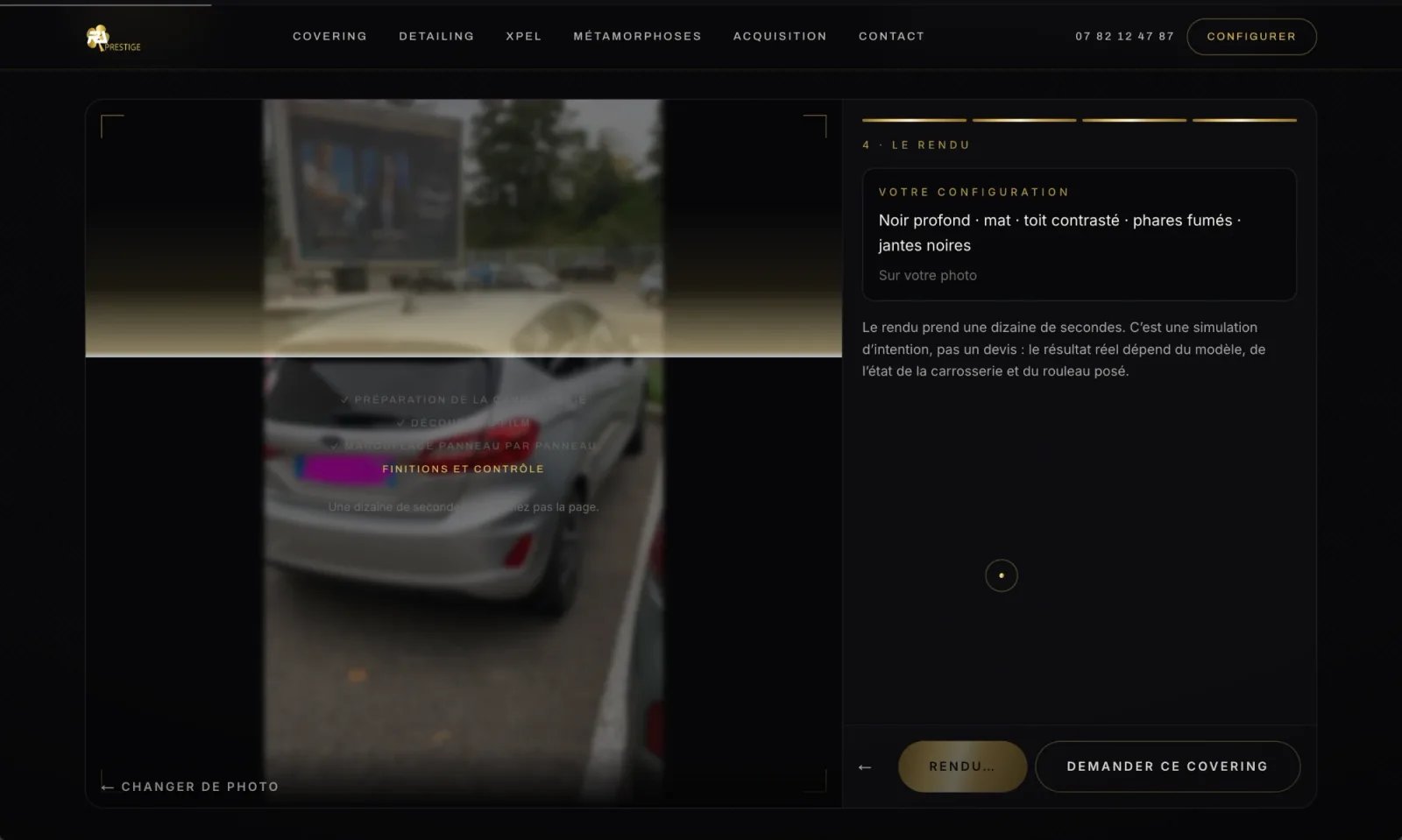 Configurateur de covering du site RL Luxury Wrap en cours de calcul : la photographie envoyée par le visiteur est floutée pendant le rendu, les quatre étapes de pose défilent par-dessus, et le récapitulatif de la configuration reste lisible à droite.