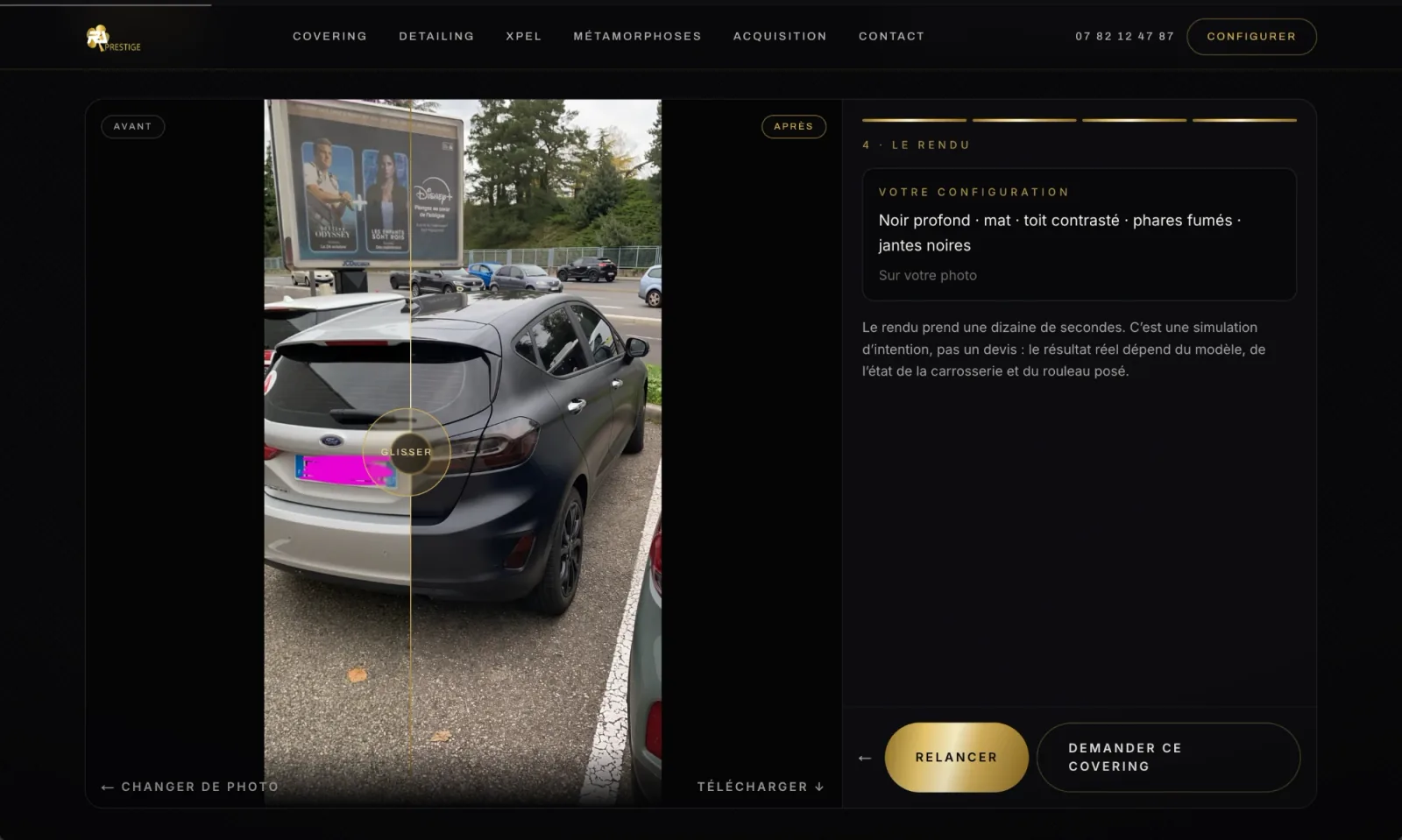 Rendu terminé du configurateur RL Luxury Wrap : la voiture du visiteur coupée en deux par un curseur, la peinture d'origine à gauche et le covering noir mat à droite, avec les boutons « changer de photo » et « télécharger ».