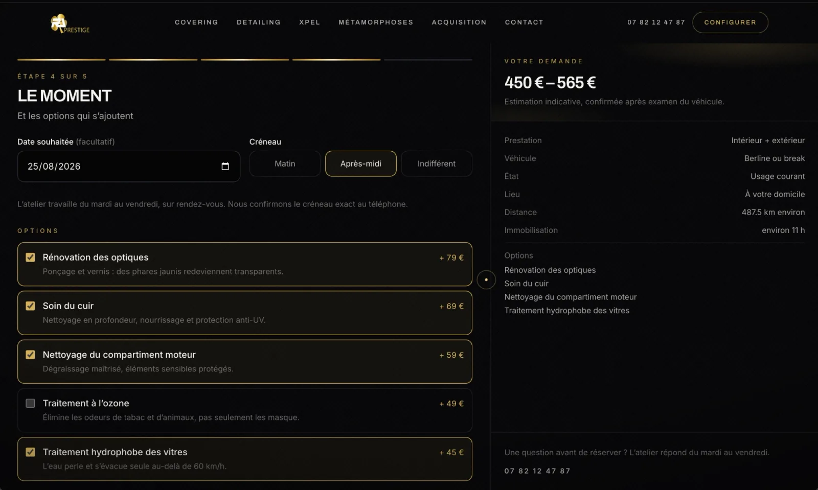 Quatrième étape de la réservation detailing du site RL Luxury Wrap : choix de la date et du créneau, options cochables avec leur prix, et à droite l'estimation qui se recalcule en direct, ici de 450 à 565 €.