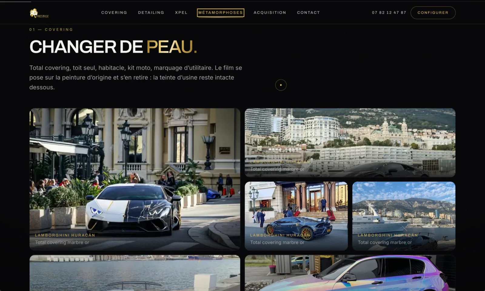 Galerie Métamorphoses du site RL Luxury Wrap : « Changer de peau », une mosaïque de véhicules couverts, dont une Lamborghini Huracán en covering marbre or photographiée à Monaco.