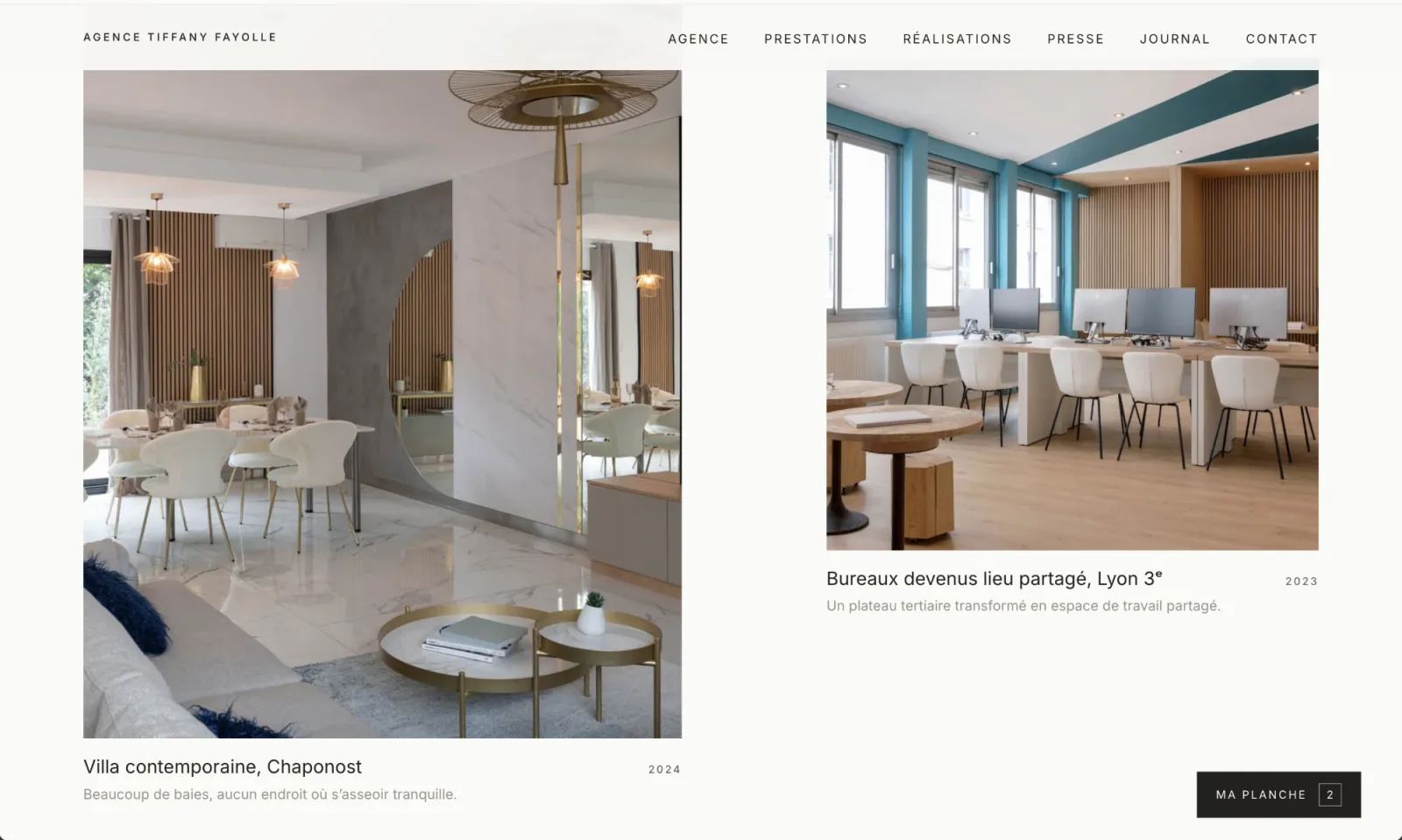 Réalisations du site Tiffany Fayolle : une villa contemporaine à Chaponost et un plateau de bureaux devenu lieu partagé à Lyon 3ᵉ, chacun en grande photographie légendée par lieu, année et phrase de contexte.
