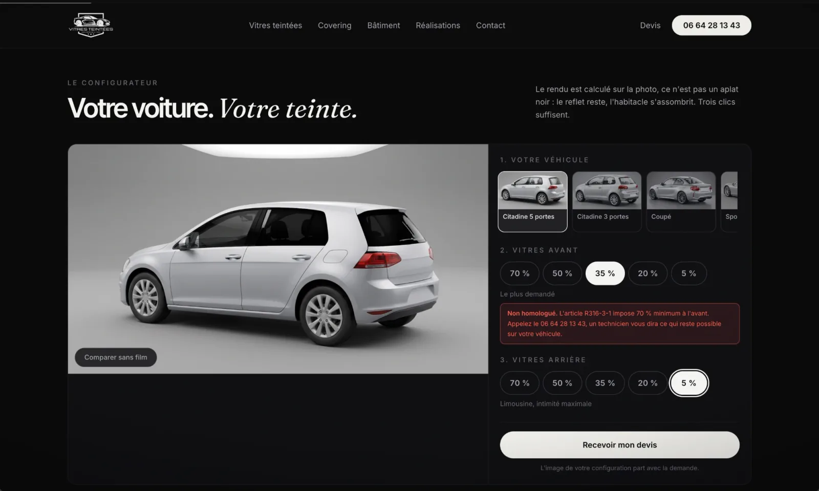 Configurateur de teinte du site Vitres Teintées Lyon : une berline vue de trois quarts arrière avec le film appliqué, et à droite le choix du gabarit de véhicule puis des pourcentages avant et arrière, avec l'avertissement de non-conformité affiché en rouge sous 70 %.