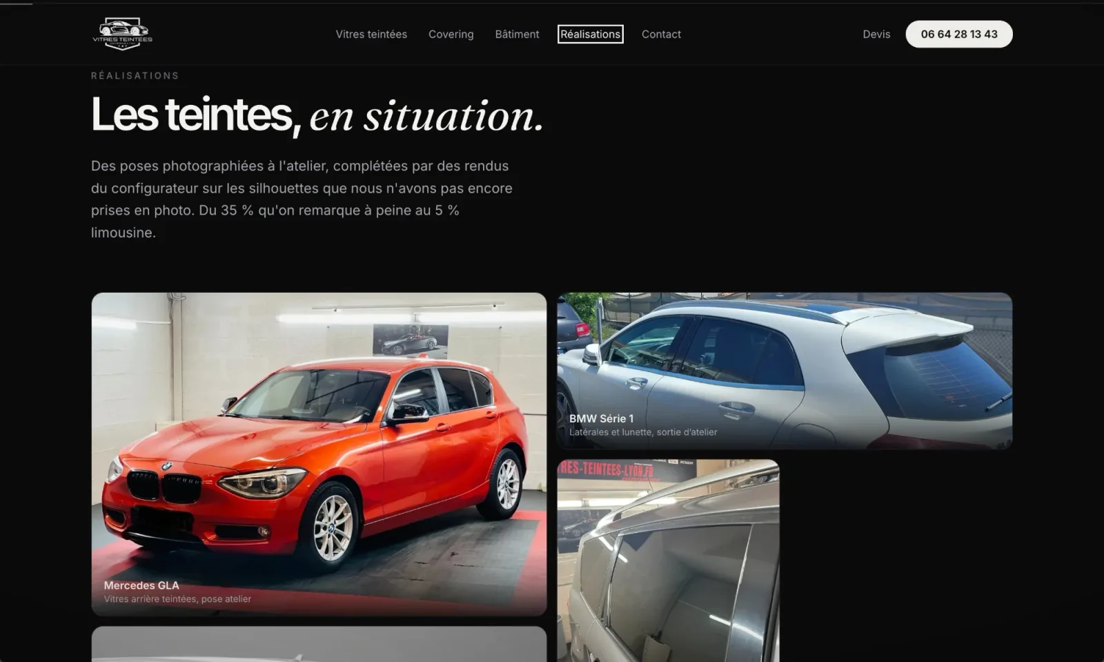 Page Réalisations du site Vitres Teintées Lyon : « Les teintes, en situation », une galerie de véhicules photographiés à l'atelier, chacun légendé par modèle et par teinte posée.